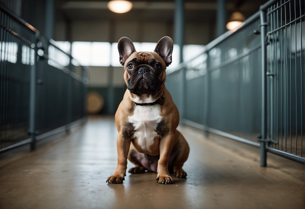 A French bulldog stands proudly in a spacious, clean kennel. The breeder's name is prominently displayed, and the surroundings exude professionalism and care