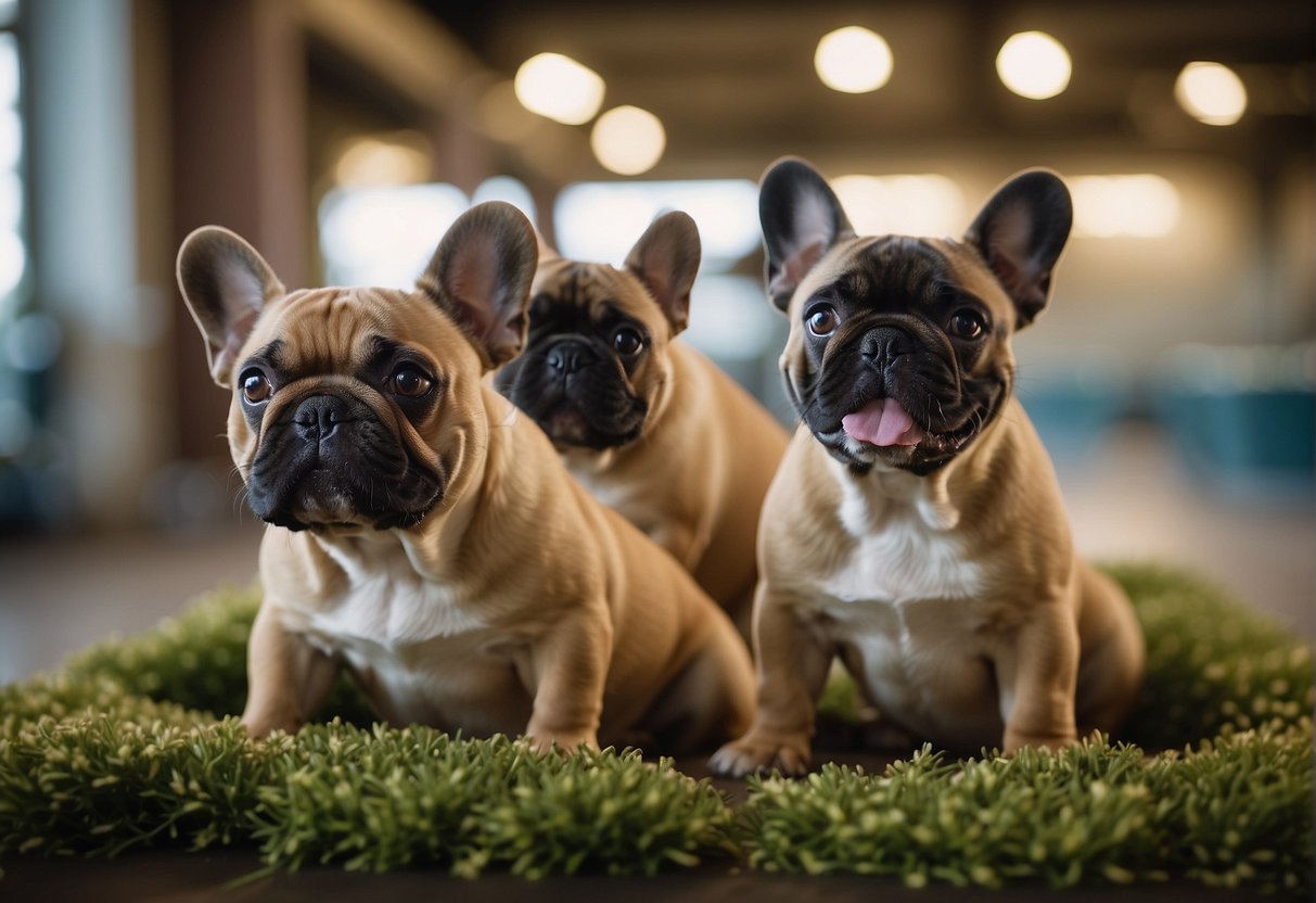 A group of French Bulldogs playfully interact in a spacious, well-maintained kennel at the best French Bulldog breeders in Texas