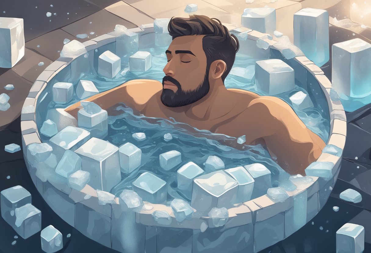 A person submerged in an ice bath, surrounded by ice cubes and cold water, with a look of relaxation and relief on their face