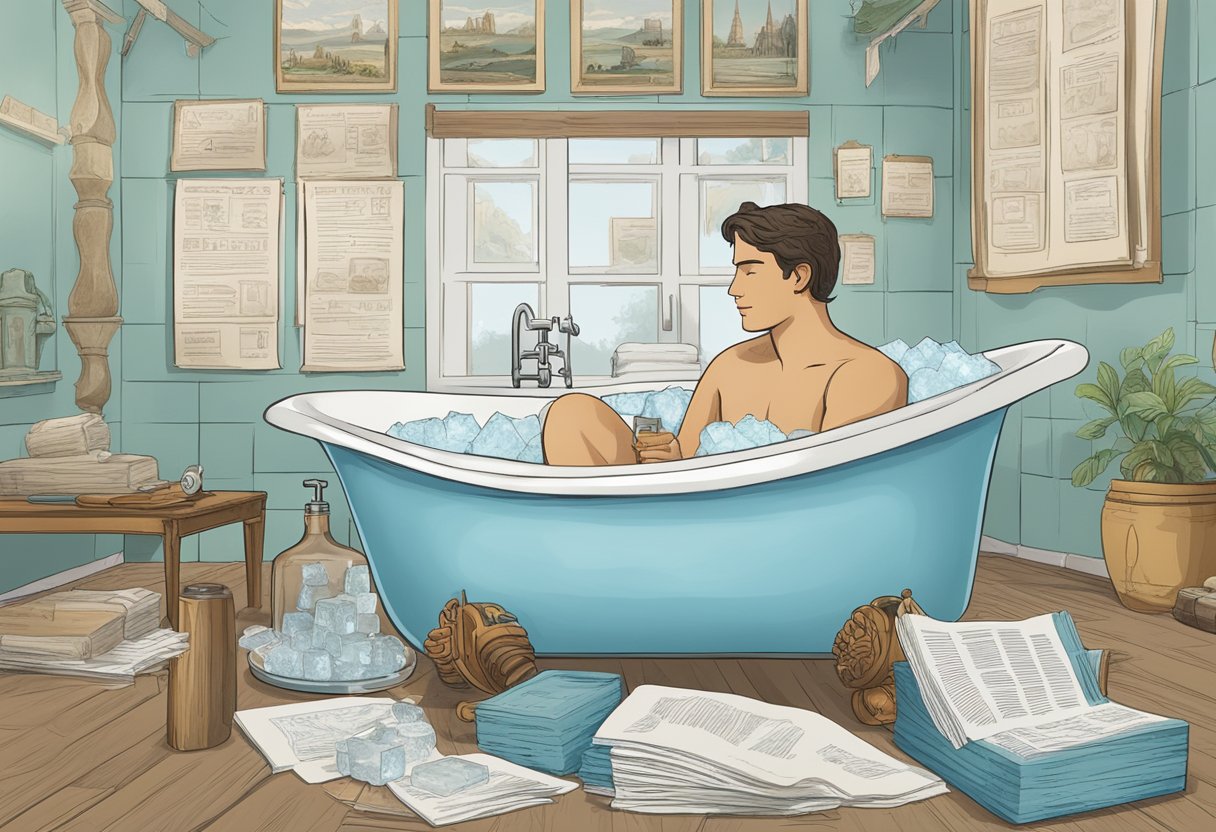 A person sitting in a tub filled with ice water, surrounded by historical artifacts and documents on the health benefits of ice baths