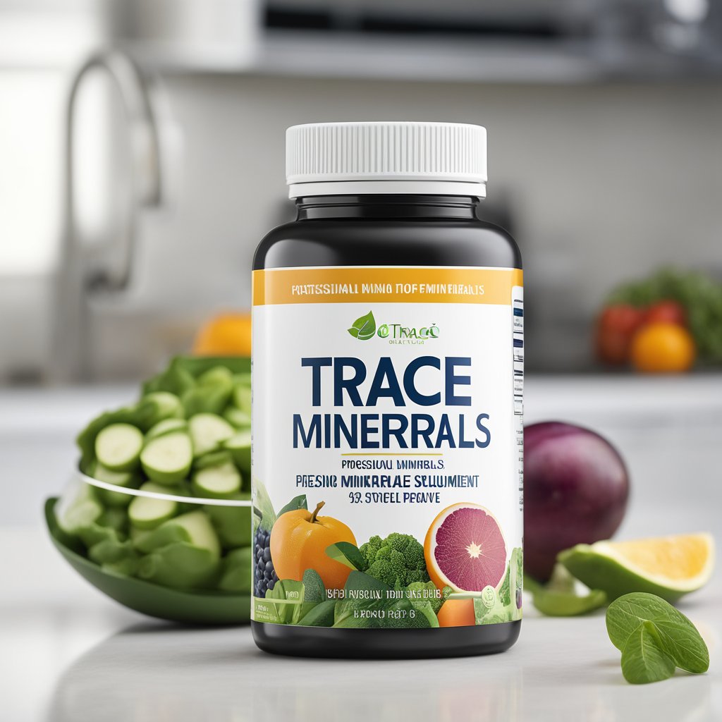 A bottle of trace minerals supplement sits on a clean, white countertop, surrounded by fresh fruits and vegetables. The label is bright and eye-catching, with a list of essential minerals prominently displayed