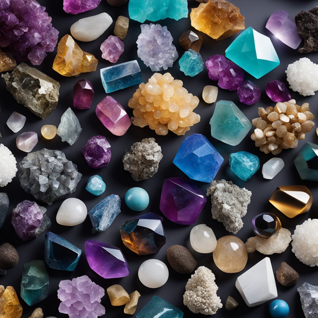 A colorful array of minerals, including zinc, iron, and selenium, are arranged in a dynamic composition, radiating energy and vitality