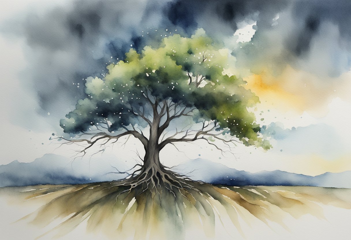 A lone tree stands tall amidst a storm, its roots firmly grounded as it withstands the fierce winds and rain, symbolizing resilience and inner strength