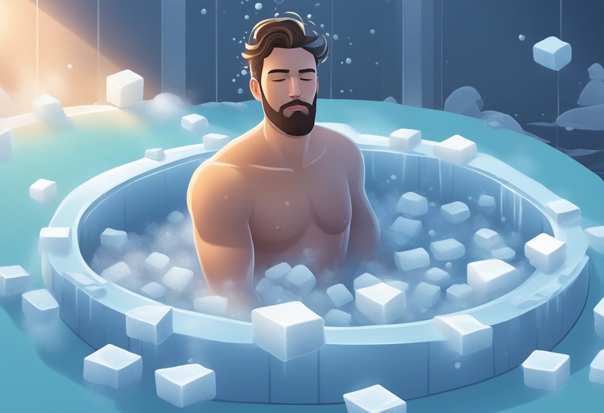 A person sits in an ice bath, surrounded by cold water and ice cubes. The steam rises from the surface as the person relaxes and enjoys the health benefits of the icy treatment