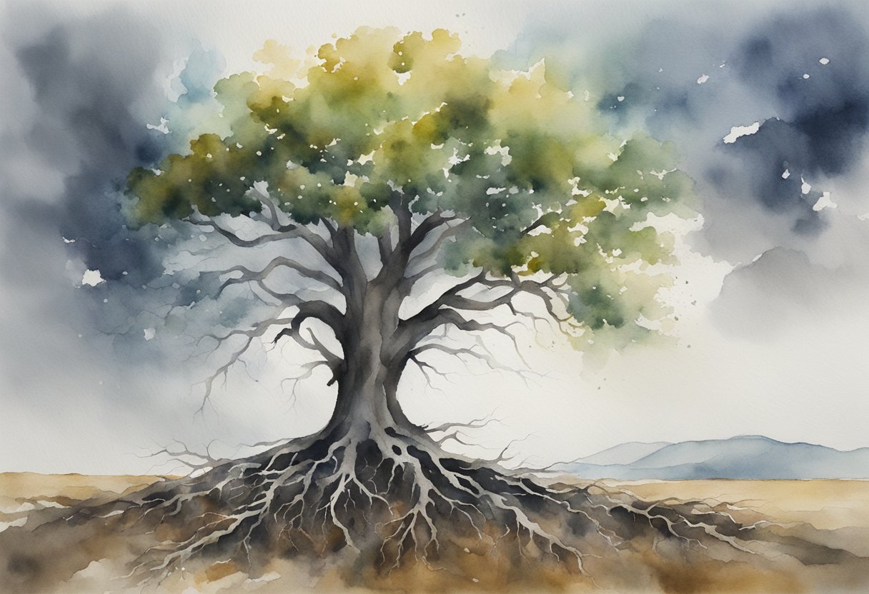 A lone tree stands tall amidst a storm, roots firmly planted in the ground, branches reaching towards the sky. The wind and rain test its resilience, but it remains unwavering, a symbol of inner strength
