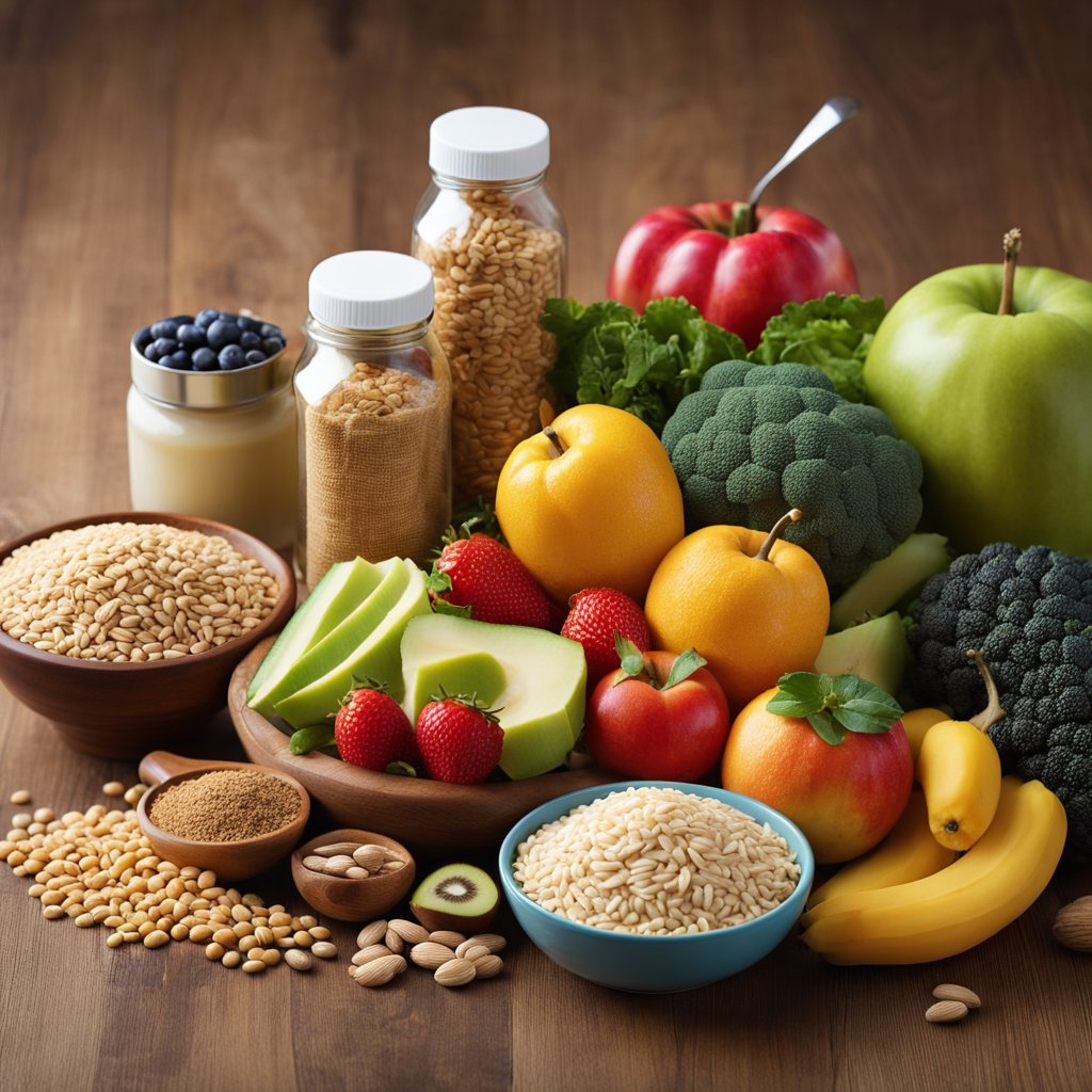 A colorful array of fiber-rich foods, such as fruits, vegetables, and whole grains, displayed alongside a bottle of fiber supplement, with a measuring scoop and a tape measure to symbolize weight loss