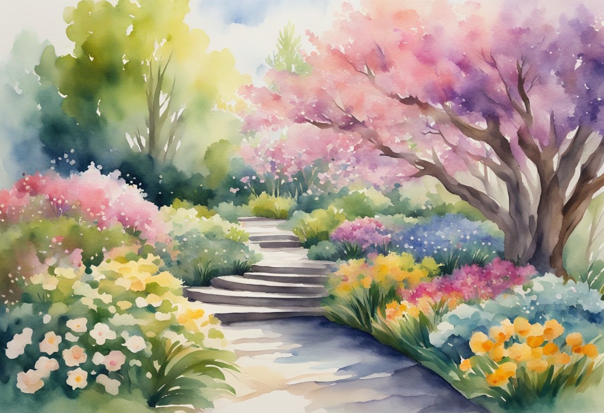 A vibrant garden with blooming flowers, a winding path leading to a peaceful pond, and a tree with strong roots symbolizing resilience