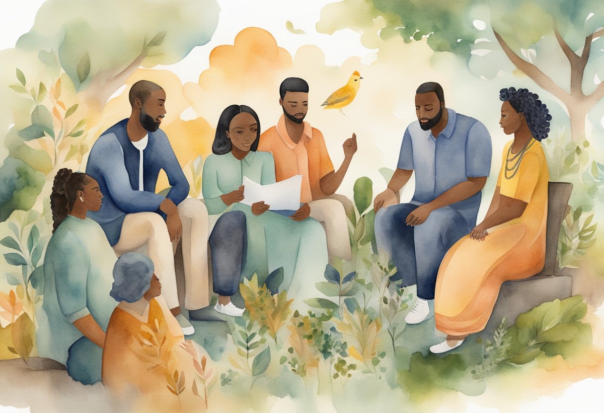 A group of diverse individuals engage in meaningful conversations, surrounded by symbols of support and growth