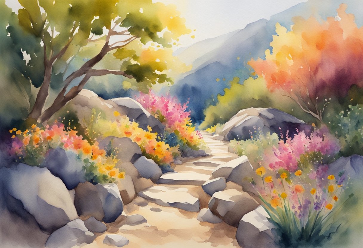 A winding path through rocky terrain, with vibrant flowers blooming amidst the challenges. The sun shines brightly overhead, casting a warm glow on the journey ahead