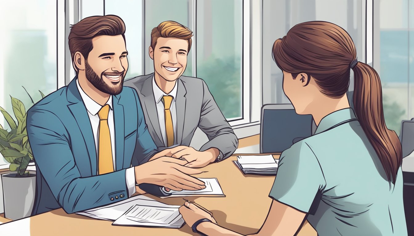 A job candidate smiling and making eye contact with interviewers, displaying confidence and enthusiasm. A firm handshake is exchanged, creating a positive first impression