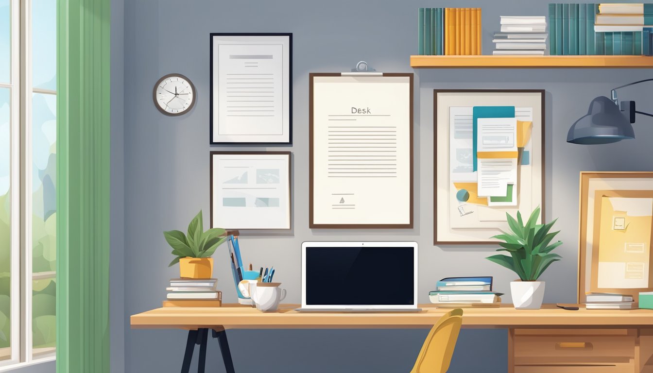 A desk with a laptop, notebook, and pen. A wall with a framed diploma and professional certifications. A motivational poster. A neatly organized bookshelf