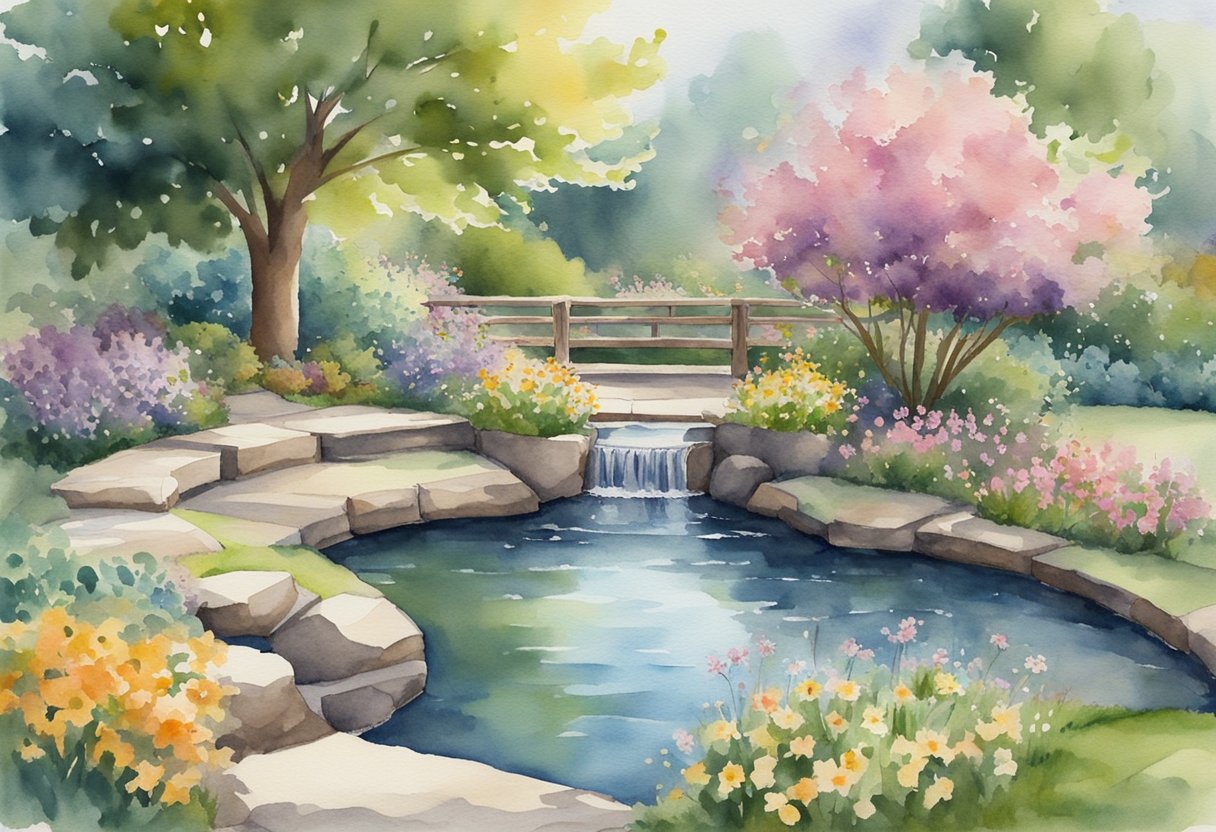 A serene garden with blooming flowers, a trickling stream, and a peaceful meditation area