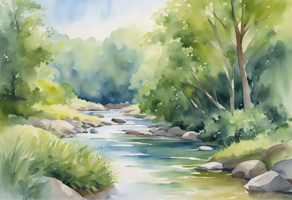 A serene landscape with a flowing river, lush greenery, and a clear blue sky, evoking a sense of peace and rejuvenation