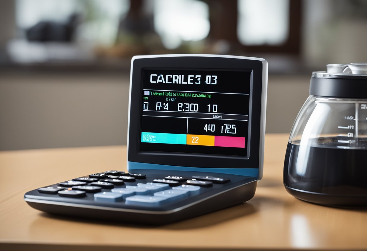 A cat sits next to a digital device displaying a "Cat Calorie Calculator" on the screen, with a bowl of food and a measuring cup nearby