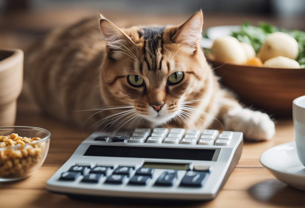 A cat eating from a bowl with nutritional information and a calculator nearby