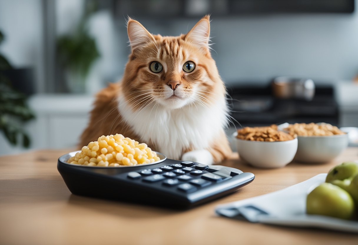 A cat sitting next to a bowl of food, with a calculator and various factors (age, weight, activity level) floating around it