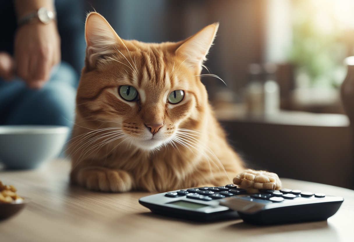 A sleek cat sits beside a bowl of food, while a person uses a calculator to determine the cat's calorie intake