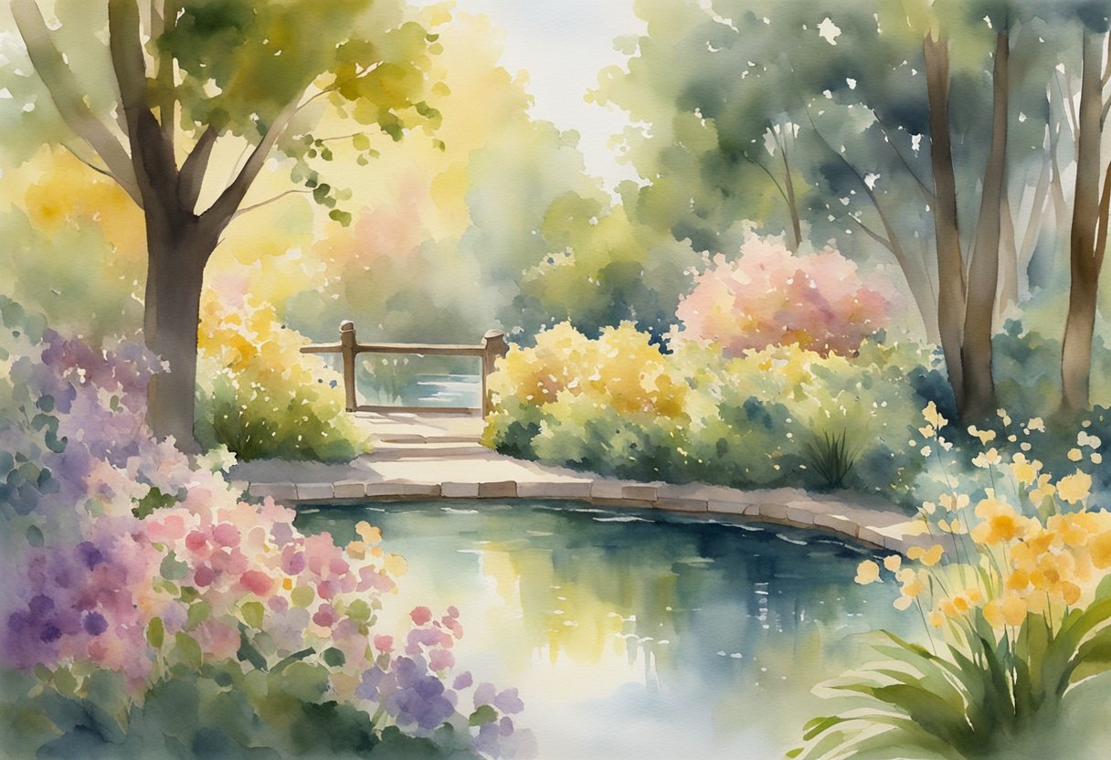A serene garden with blooming flowers and a peaceful pond, surrounded by tall trees and bathed in soft, golden sunlight