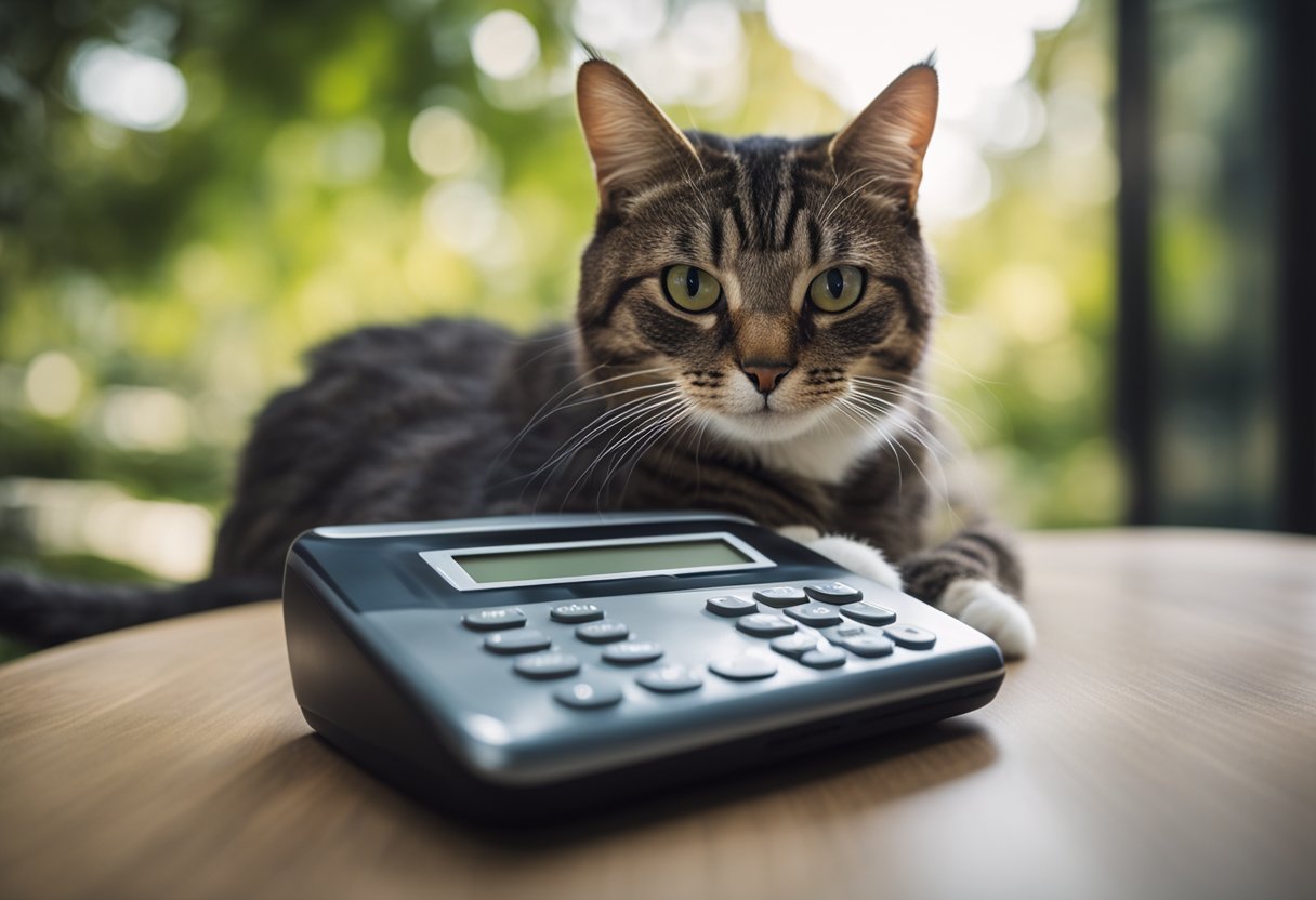 A cat sits next to a digital device, the Cat Calorie Calculator, displaying numbers. It looks at the screen with curiosity and interest