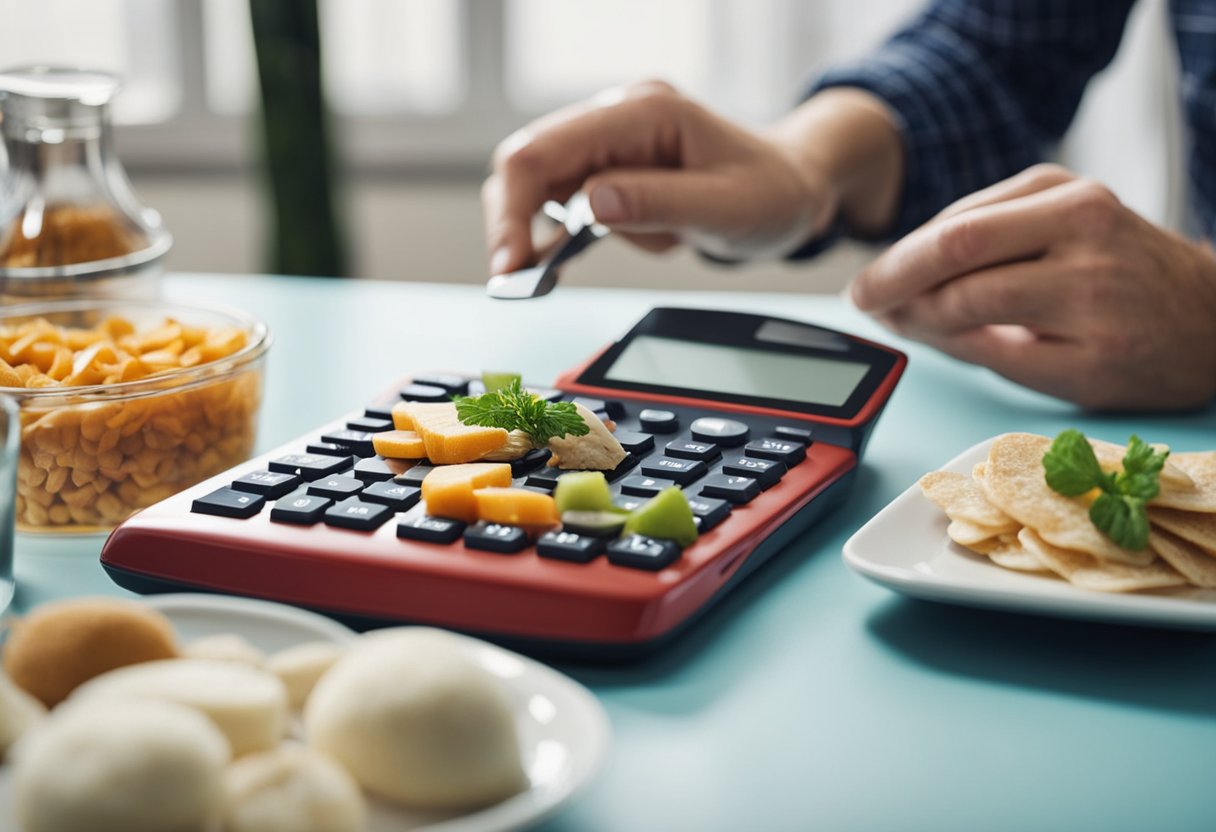 A cat owner uses a calculator to adjust their pet's diet based on calorie calculations. The cat eagerly waits for its meal as the owner prepares the adjusted portion