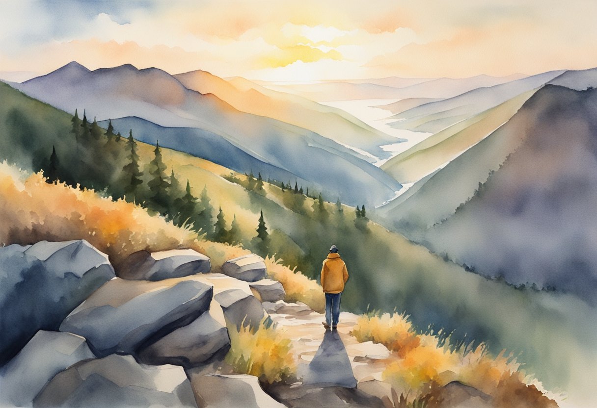 A person standing on a mountain peak, looking out at a challenging but achievable path ahead. The sun is rising, casting a warm glow on the landscape