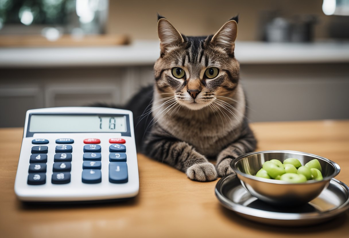 A cat sitting next to a food bowl with a calculator and measuring cup nearby, representing monitoring and adjusting caloric intake