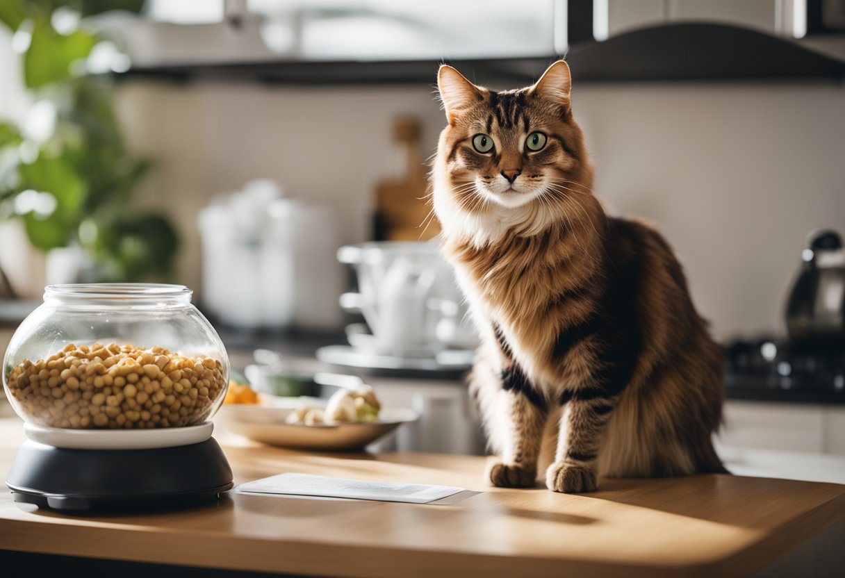 A cat sitting next to a bowl of food, with a calculator and measuring cup nearby