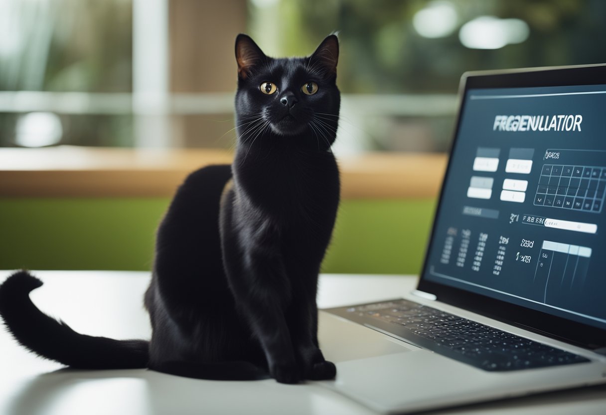 A sleek black cat sits next to a digital screen displaying a "Frequently Asked Questions Cat Calorie Calculator." The cat's tail swishes as it gazes curiously at the screen