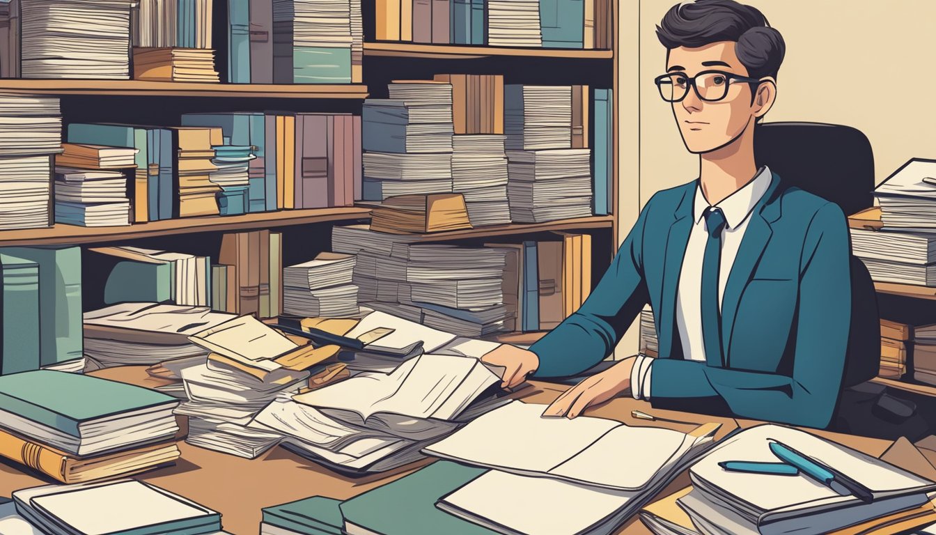 A person sitting at a desk, surrounded by books and notes. They have a determined expression as they prepare for a job interview