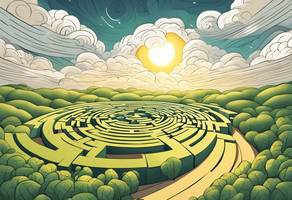 A storm cloud hovers over a tangled maze, symbolizing mental health, while a bright sun shines on a peaceful meadow, representing emotional health