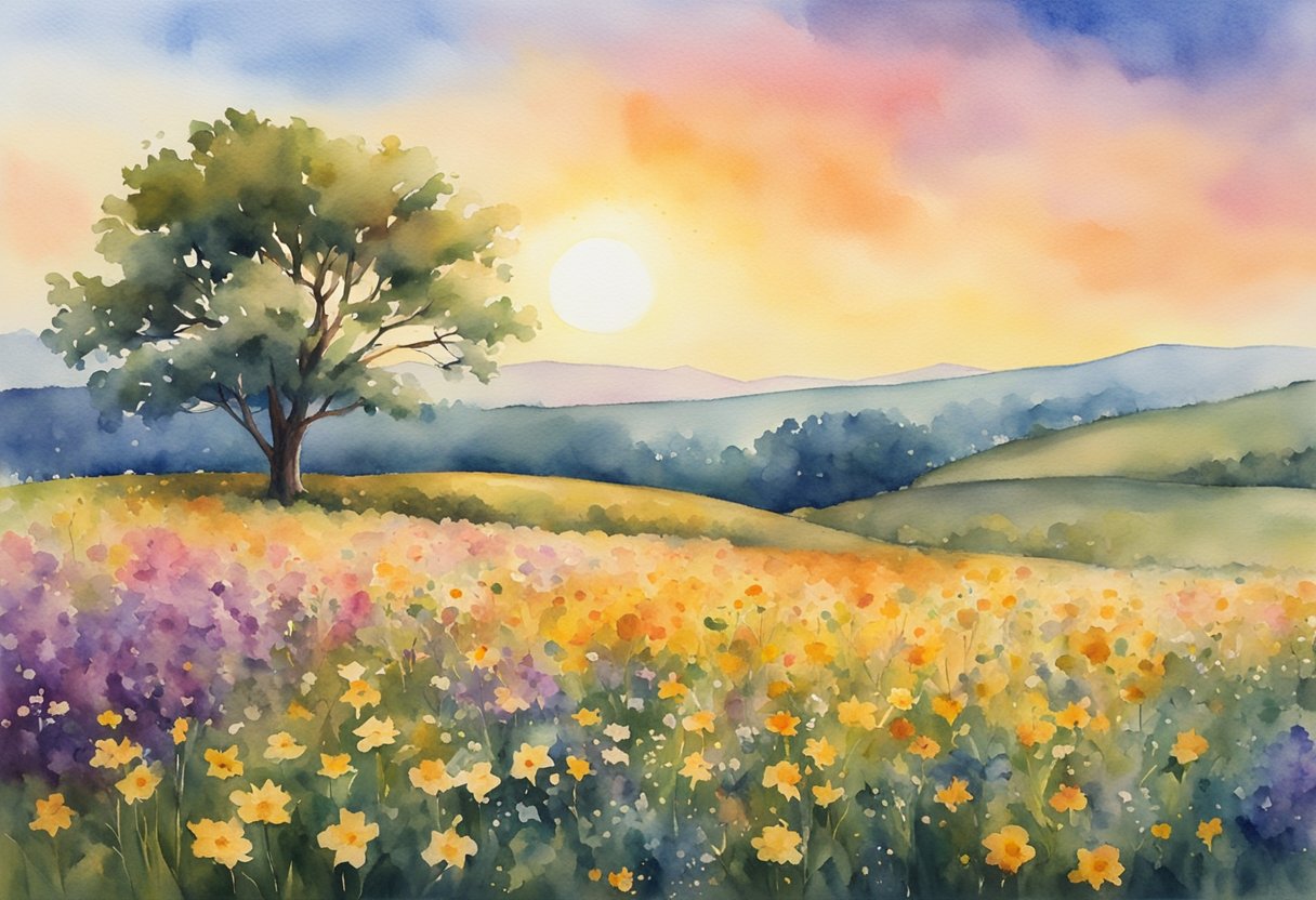 A lone tree stands tall amidst a field of wildflowers, symbolizing resilience and hope. The sun sets in the background, casting a warm glow over the scene