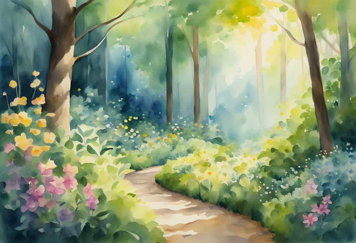 A winding path leads through a lush forest, sunlight filtering through the trees. A butterfly flits among the flowers, symbolizing transformation and resilience