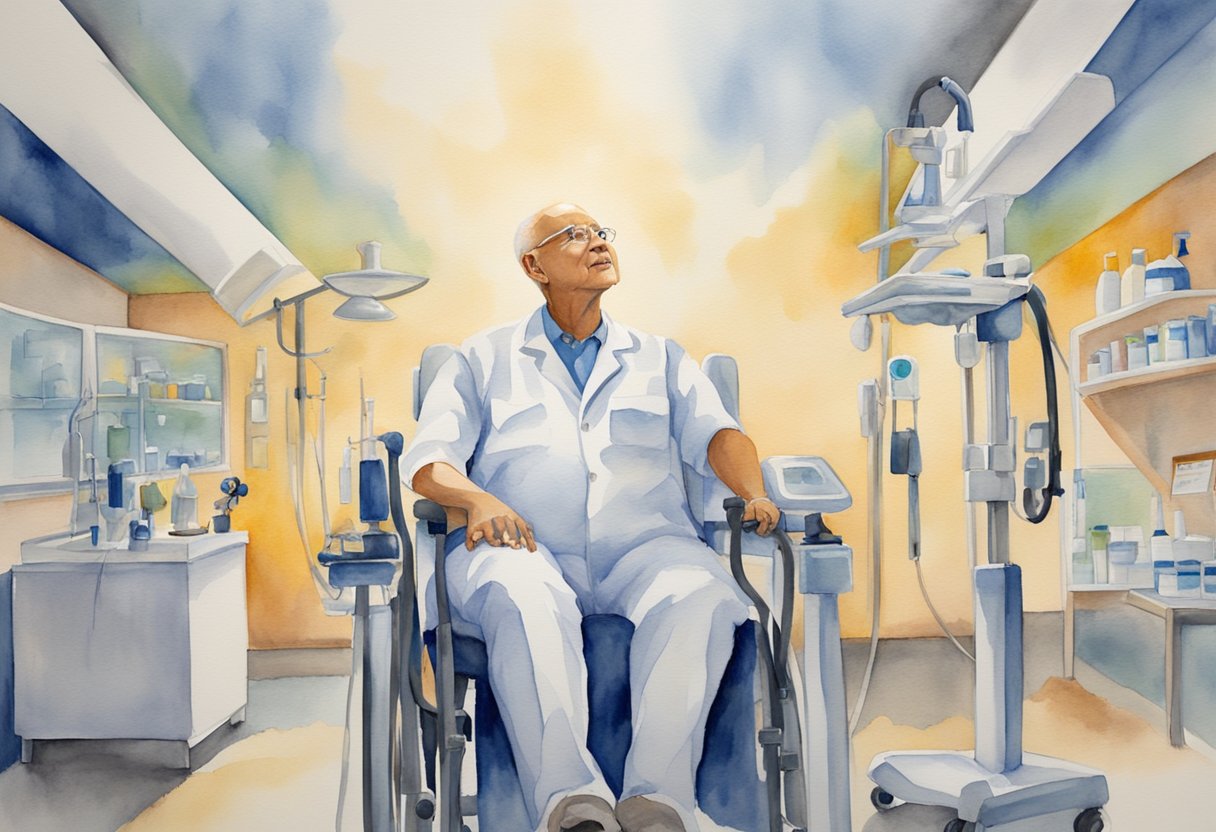 A triumphant figure stands tall, surrounded by medical equipment and supportive caregivers, symbolizing victory over fear and thriving despite cancer