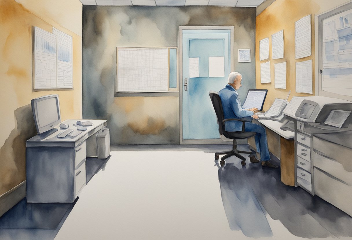 A solitary figure sits in a dimly lit room, surrounded by medical charts and a computer screen. A sense of determination and resilience emanates from the person as they navigate the complex journey of a cancer diagnosis