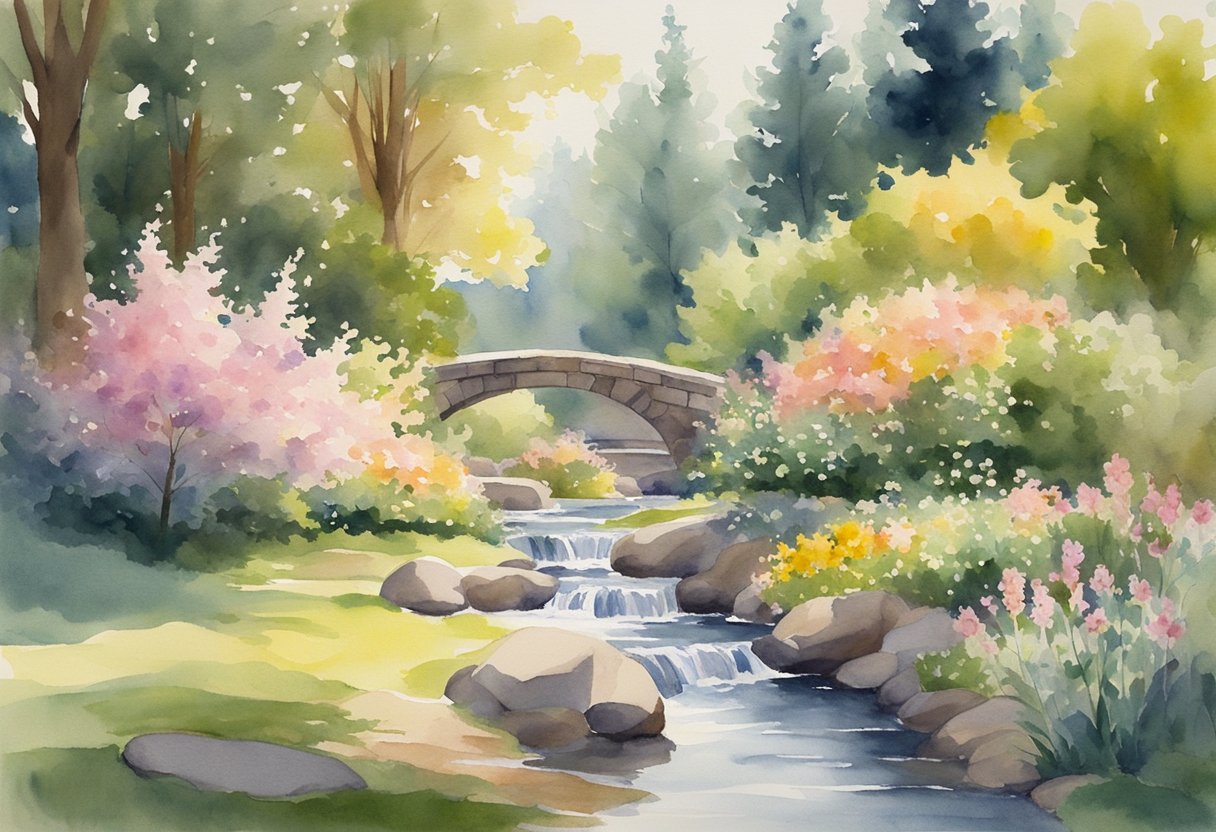 A serene garden with blooming flowers and a flowing stream, surrounded by tall trees and bathed in warm sunlight