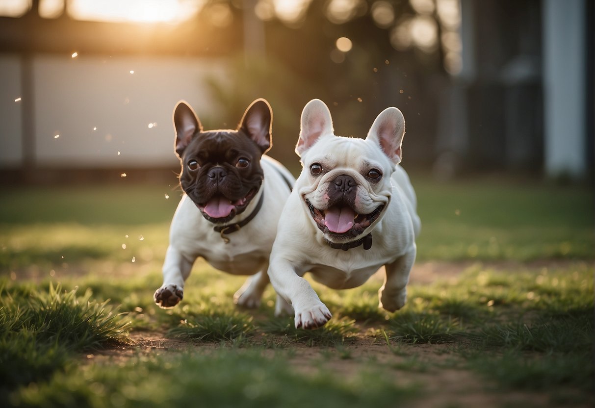 French bulldogs playfully romp in a spacious, well-kept outdoor area at the best breeders in Alberta