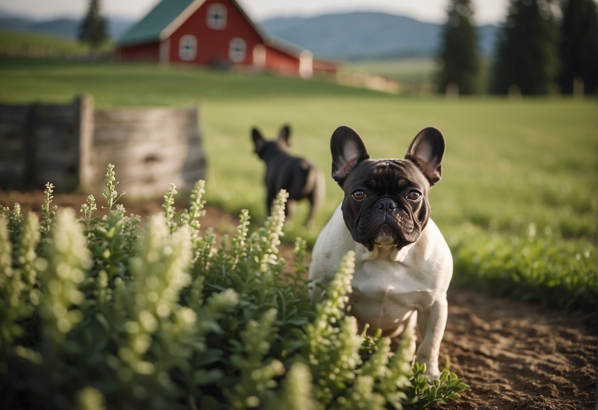 A cozy farmhouse nestled in the rolling hills of Alberta, with a sign proudly displaying the name of the reputable French Bulldog breeders. Lush green fields surround the property, and a few adorable French Bulldogs can be seen playing in the yard