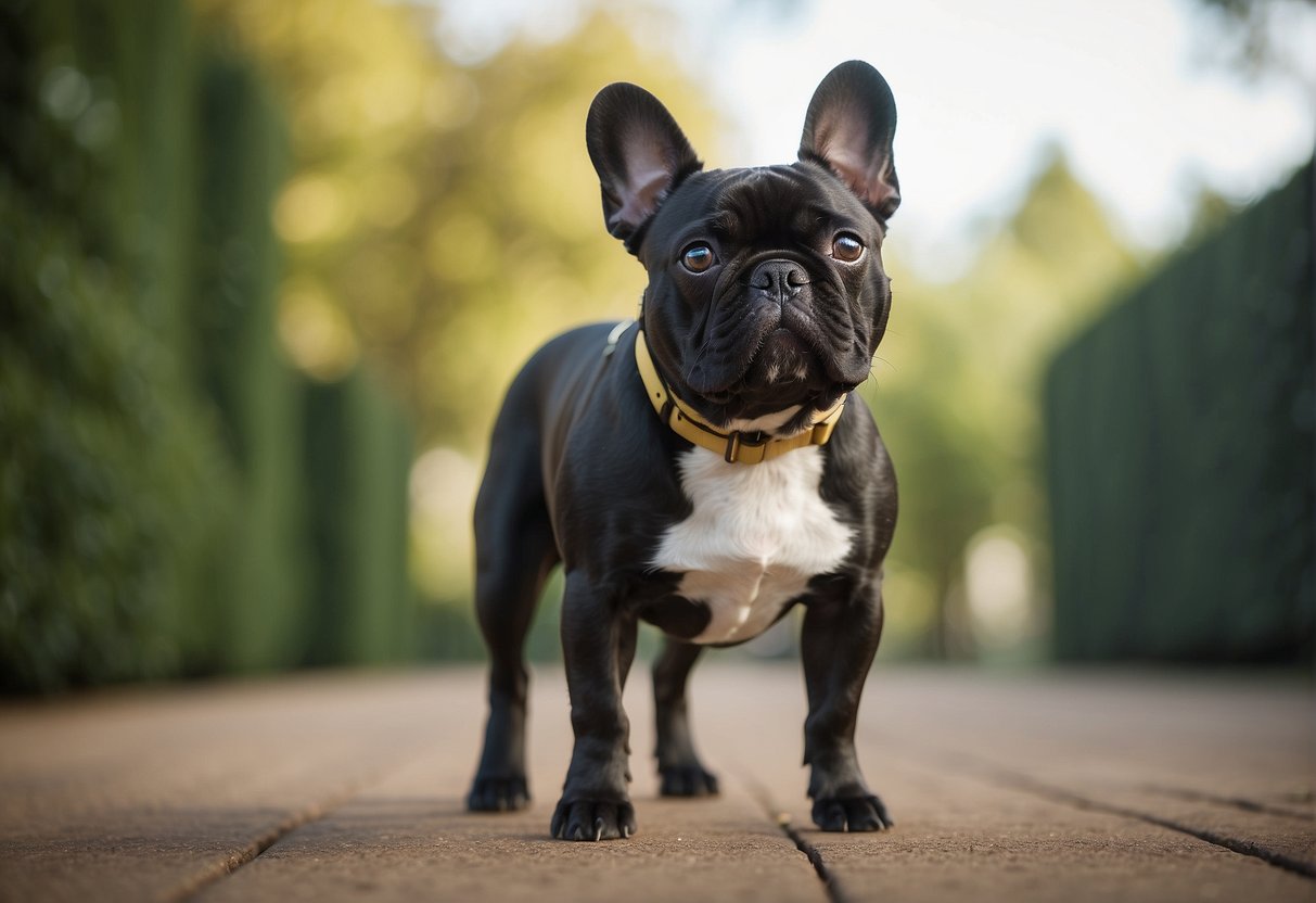 A French bulldog with a lively and alert expression, standing confidently with a strong and muscular build, exuding a sense of health and temperament