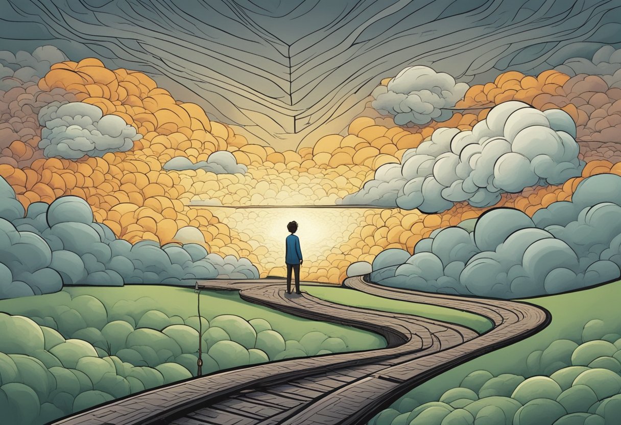 A person stands at a crossroads, one path leading to a stormy cloud representing emotional health, the other to a tangled web symbolizing mental health. They appear confused and uncertain, seeking guidance