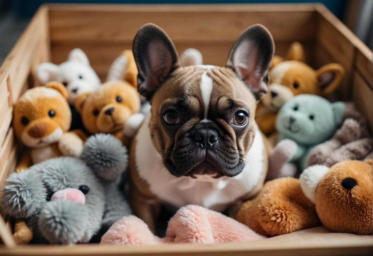 A French bulldog puppy sits in a cozy crate, surrounded by plush toys and a soft blanket. The breeder smiles as they hand over the puppy to its new owner