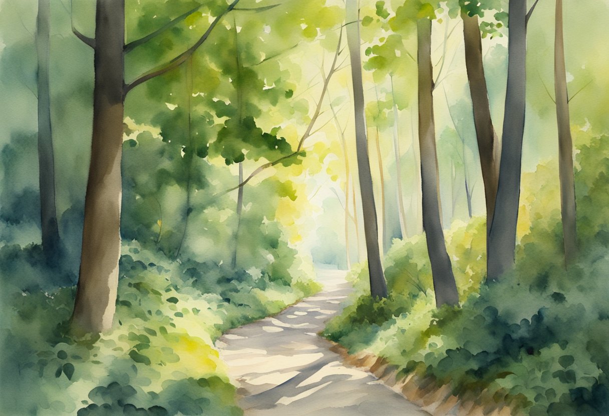 A winding path through a serene forest, with sunlight filtering through the leaves and casting dappled shadows on the ground. The air is still and tranquil, creating a sense of peace and introspection