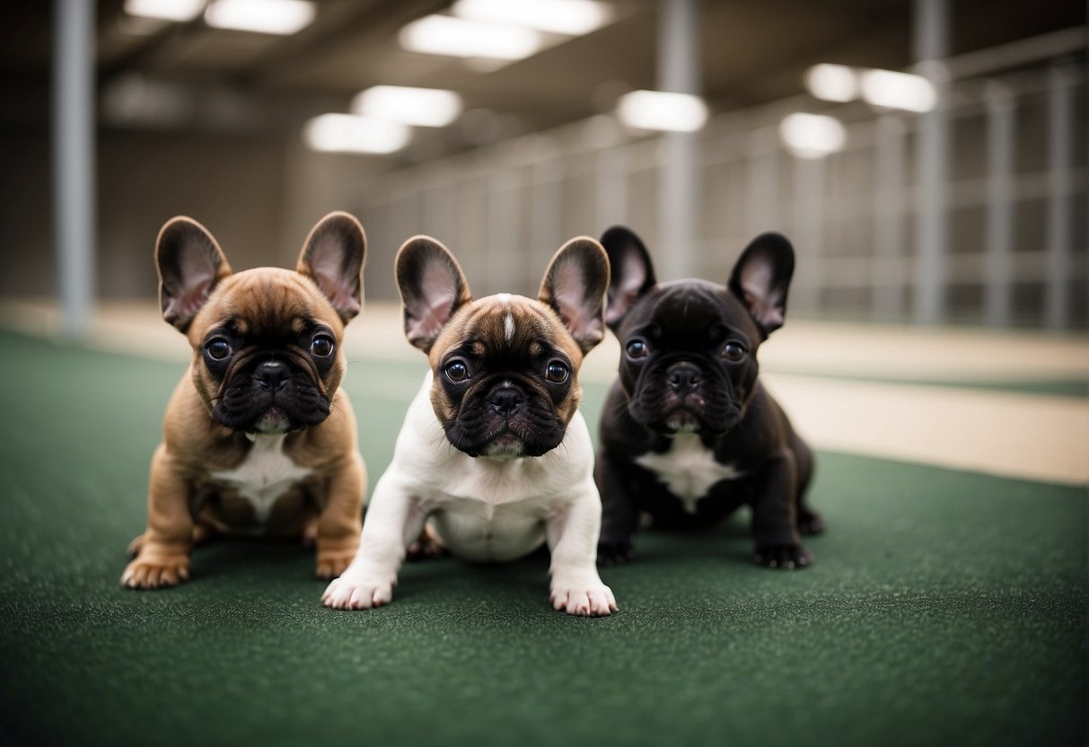 French bulldog puppies playing in a spacious and clean breeding facility in Alberta, with attentive breeders answering questions from potential buyers