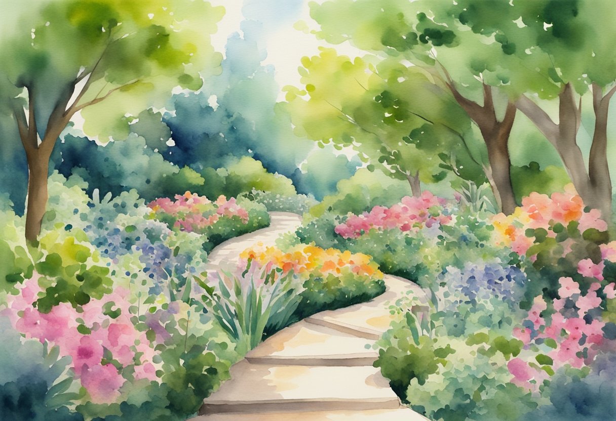 A serene garden with a winding path leading through blooming flowers and lush greenery, symbolizing the journey of overcoming barriers to mindful healing