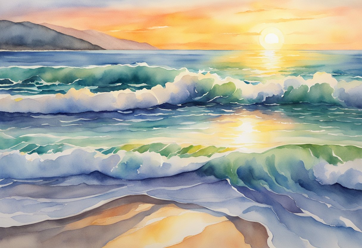 A vibrant sun rises over a calm ocean, symbolizing triumph over fear for a Cancer Thriver. The sun's rays illuminate the water, creating a sense of hope and strength