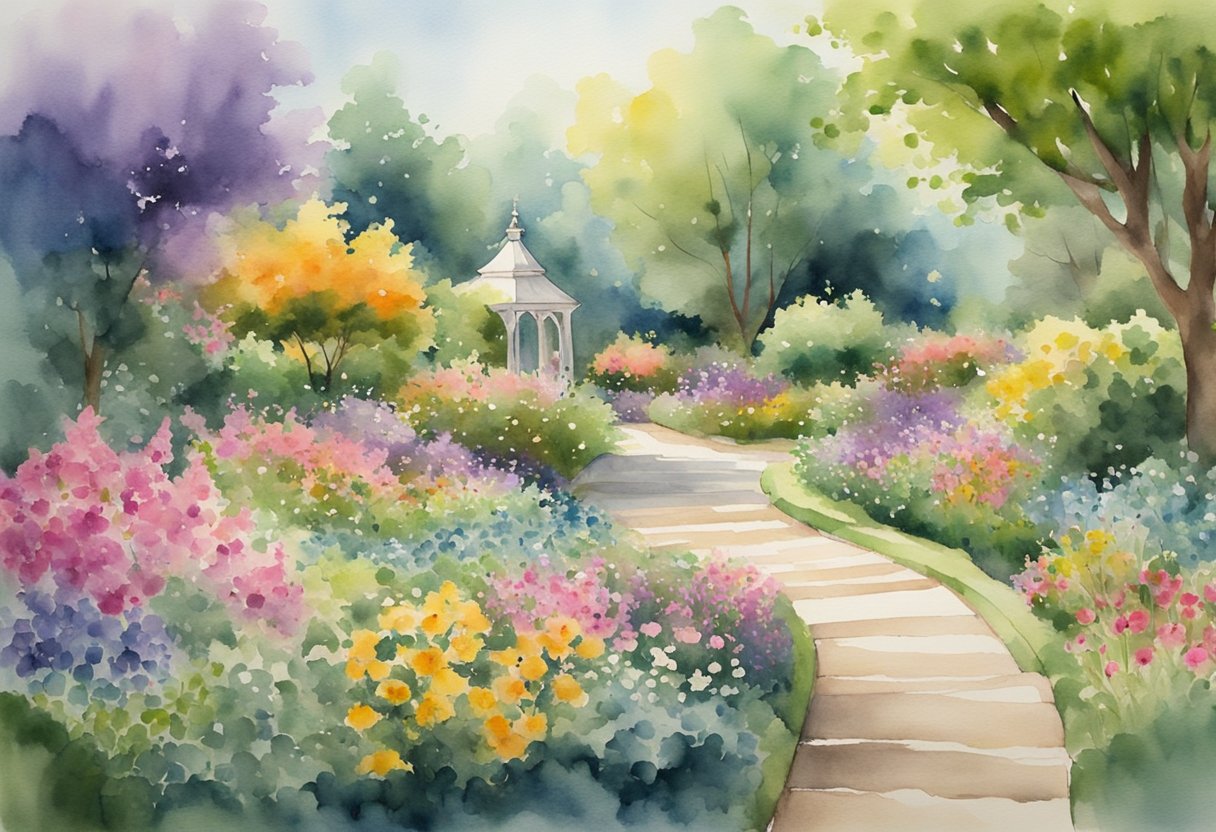 A serene garden with vibrant flowers and a winding path leading towards a peaceful, secluded sanctuary. A sense of calm and healing emanates from the scene, symbolizing the journey inward towards physical well-being and recovery