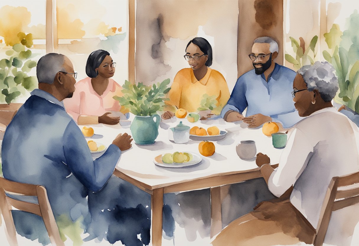 A group of diverse individuals gather around a table, engaged in deep conversation and offering support to one another. The atmosphere is one of warmth, empathy, and understanding