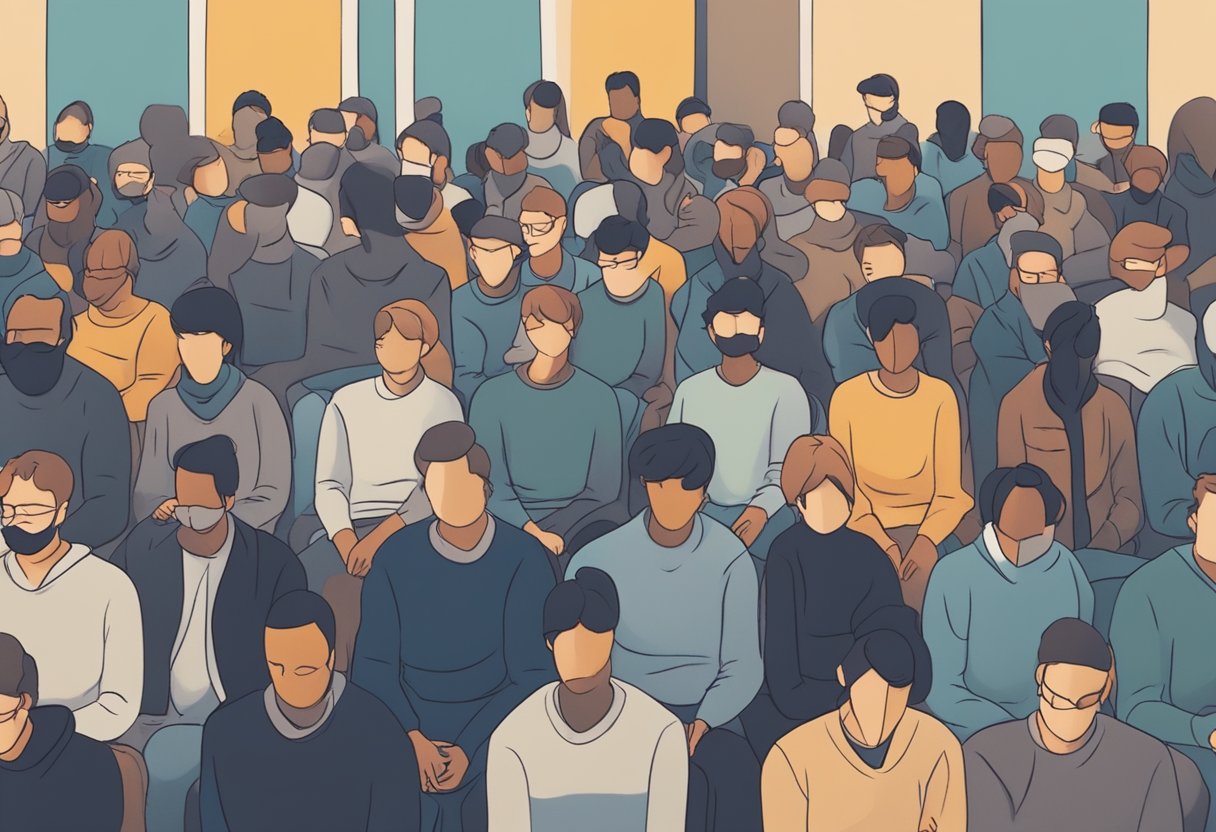 A person sitting alone in a crowded room, surrounded by blurred faces. They appear isolated and disconnected, with a dark cloud hovering over them, symbolizing the impact of mental and emotional illnesses on social health