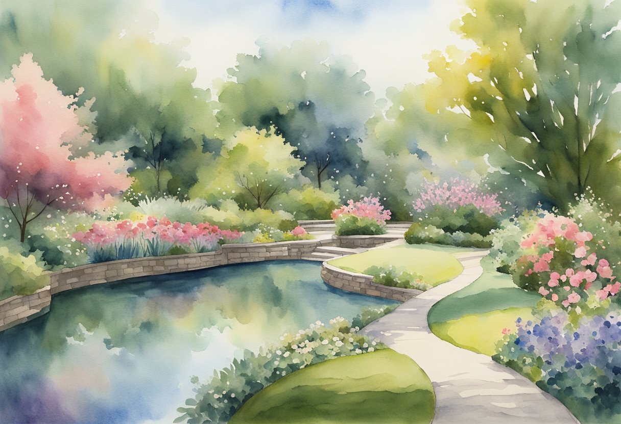 A serene garden with a winding path, blooming flowers, and a peaceful pond surrounded by lush greenery