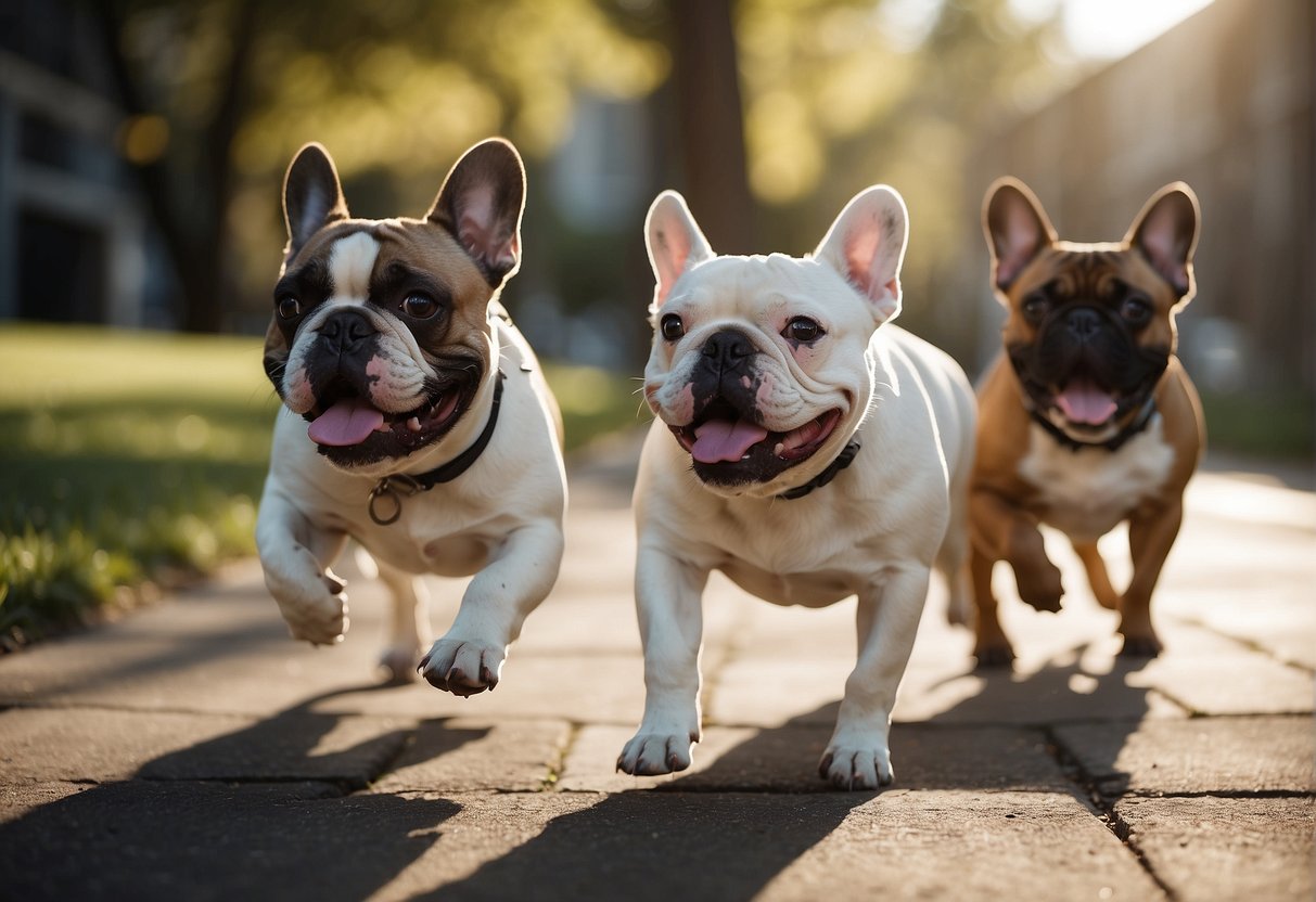 A group of French bulldogs play in a spacious, well-maintained outdoor area. The sun shines down on their shiny coats as they run and chase each other, showcasing their healthy and happy demeanor
