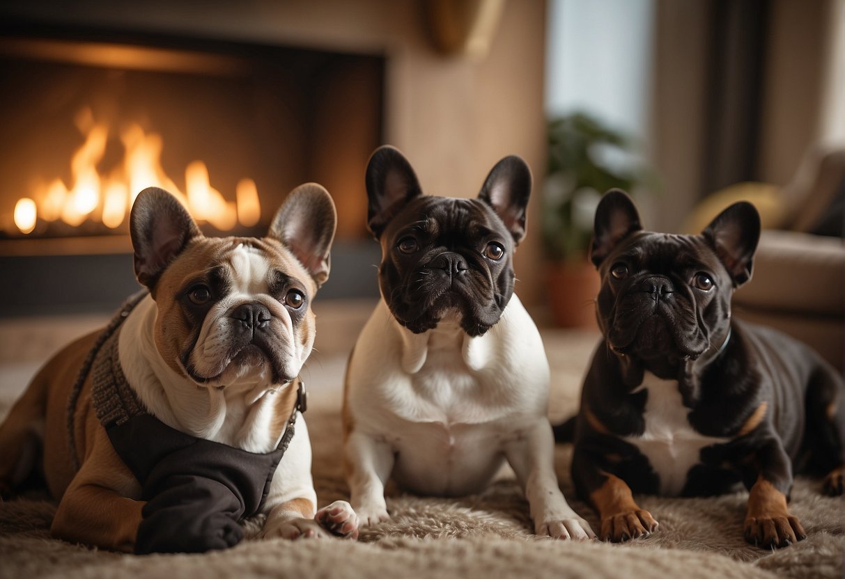 A cozy living room with a warm fireplace, where a family of French Bulldogs playfully interact with each other under the watchful eye of their attentive breeder